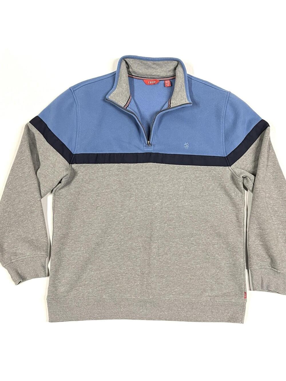 Izod Quarter Zip Sweater Sz XL Fleece Pullover Blue Gray Two Tone 1/4 Zip